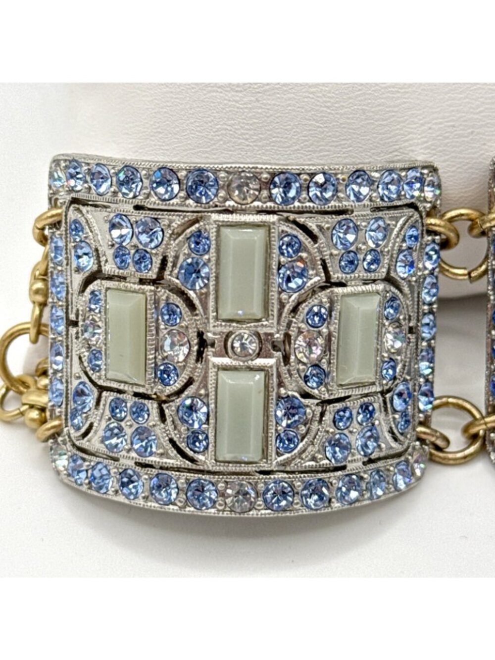 Lulu Frost for J Crew Bracelet Panel Ice Blue Rhinestones Antiqued Gold Chain - Picture 4 of 12